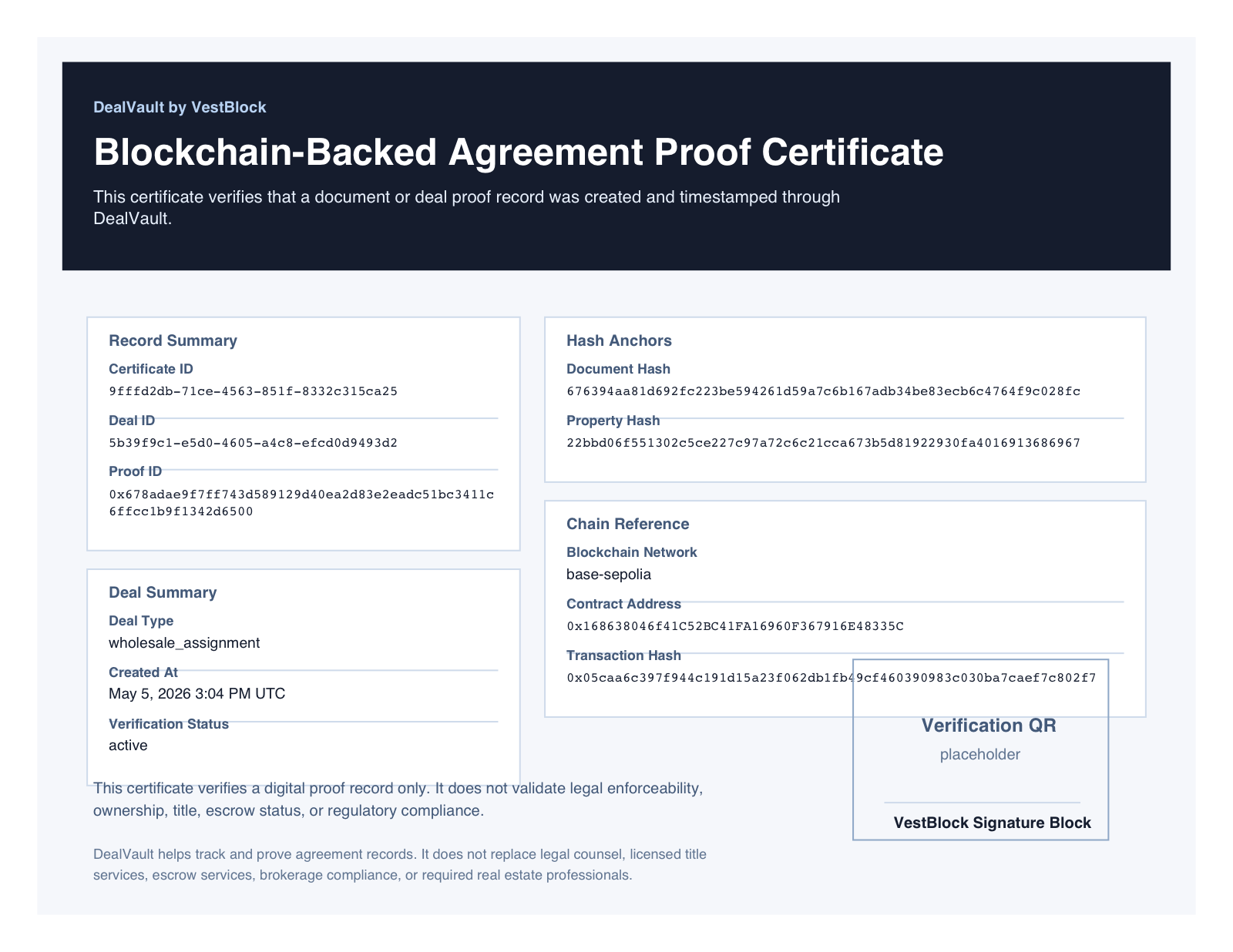 DealVault sample proof certificate